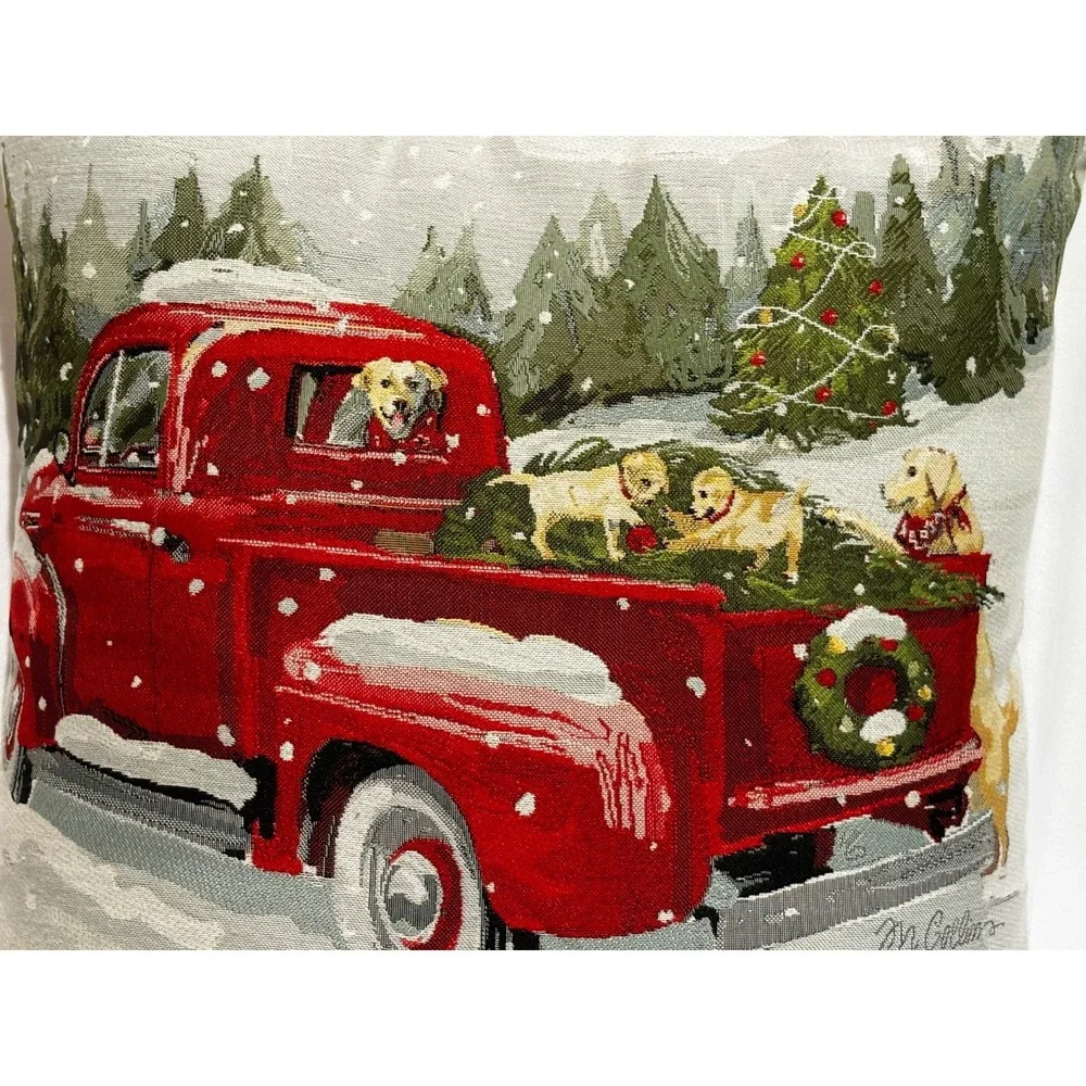 M. Collins Christmas Red Truck Golden Retriever Puppy Decor Pillow 17